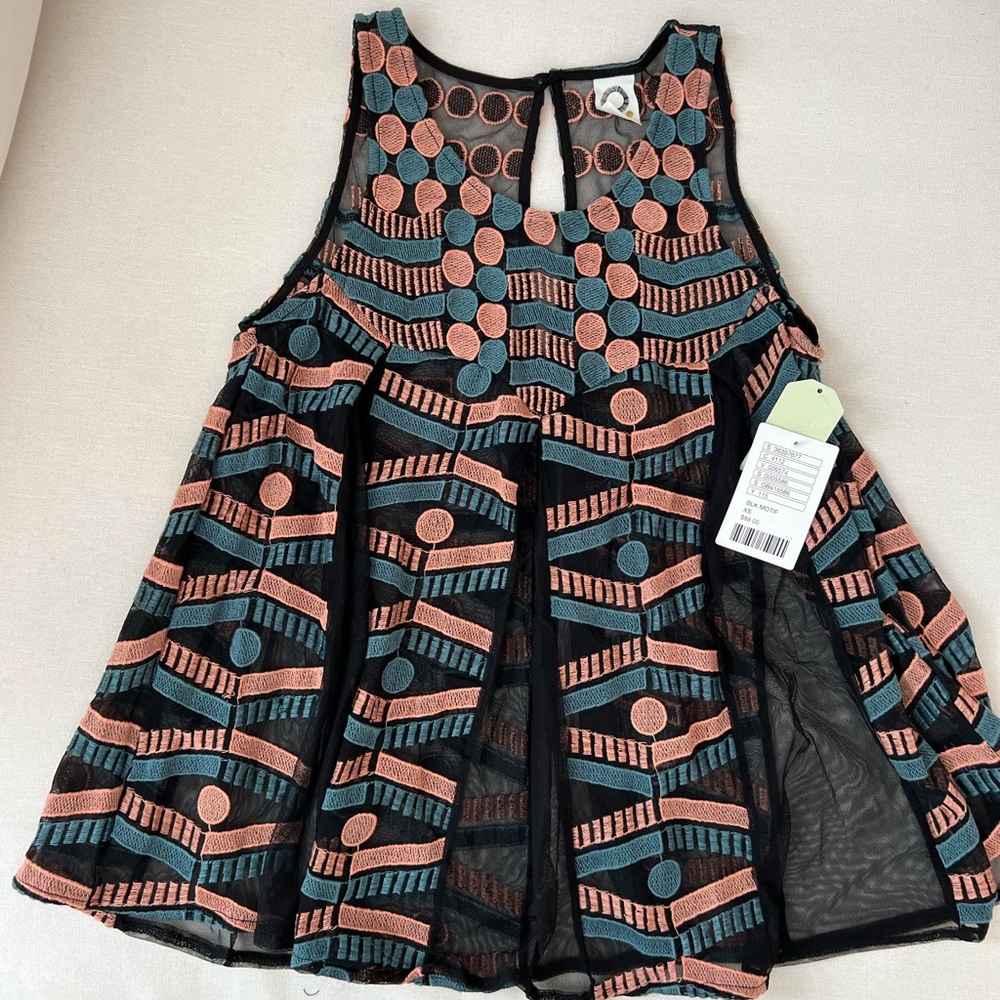 Anthropology mesh embroidered pleated tank